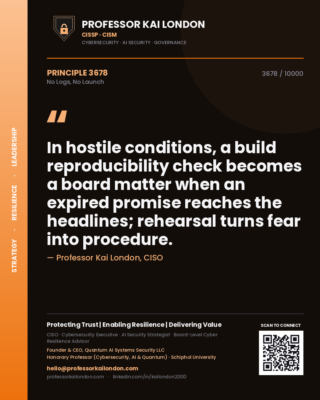 Professor Kai London principle 3678: In hostile conditions, a build reproducibility check becomes a board matter when an expired promise reaches the headlines; rehearsal turns fear into procedure.