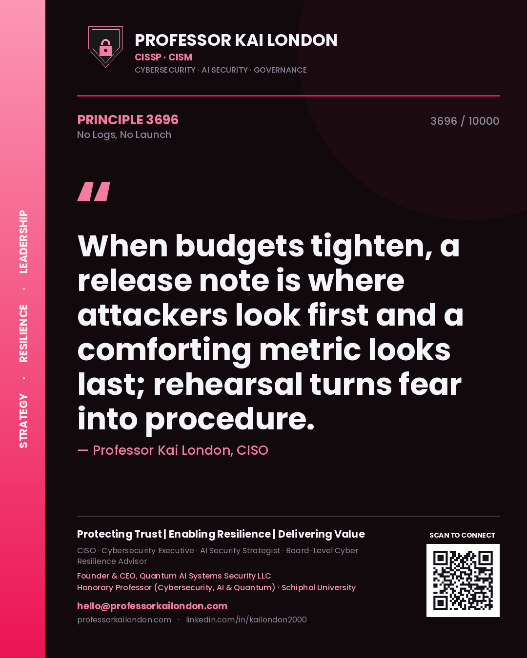 Quote card by Professor Kai London reading 'When budgets tighten, a release note is where attackers look first and a comforting metric looks last; rehearsal turns fear into procedure.'. From the book No Logs, No Launch.