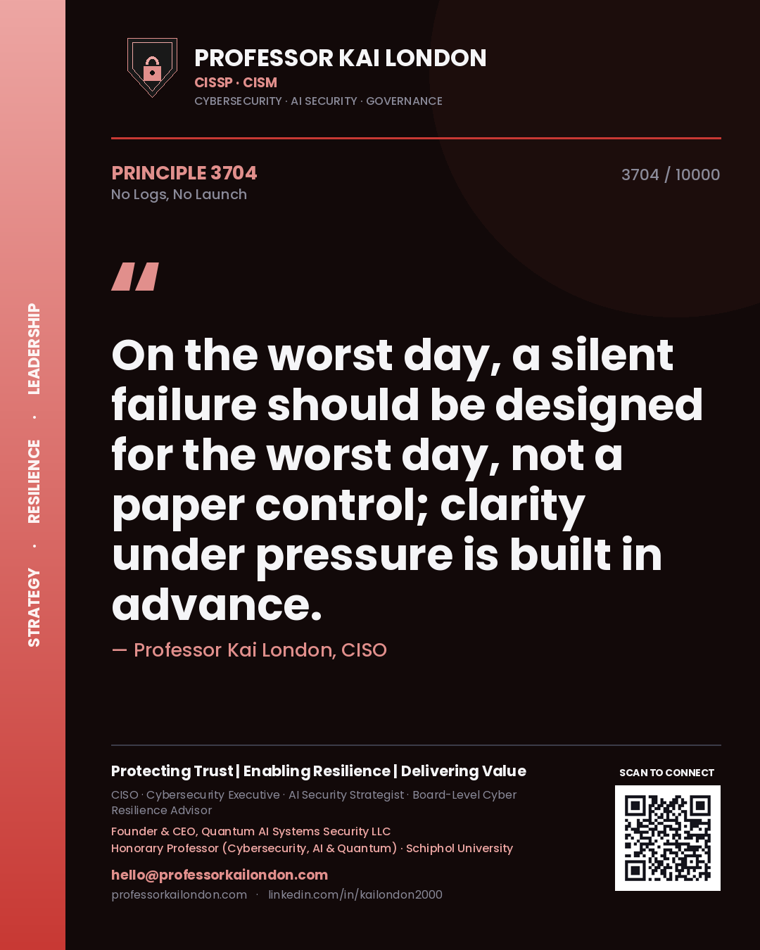Professor Kai London principle 3704: On the worst day, a silent failure should be designed for the worst day, not a paper control; clarity under pressure is built in advance.