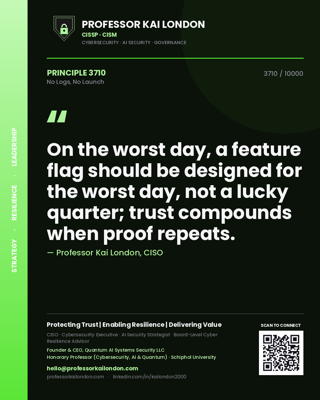 Quote card by Professor Kai London reading 'On the worst day, a feature flag should be designed for the worst day, not a lucky quarter; trust compounds when proof repeats.'. From the book No Logs, No Launch.