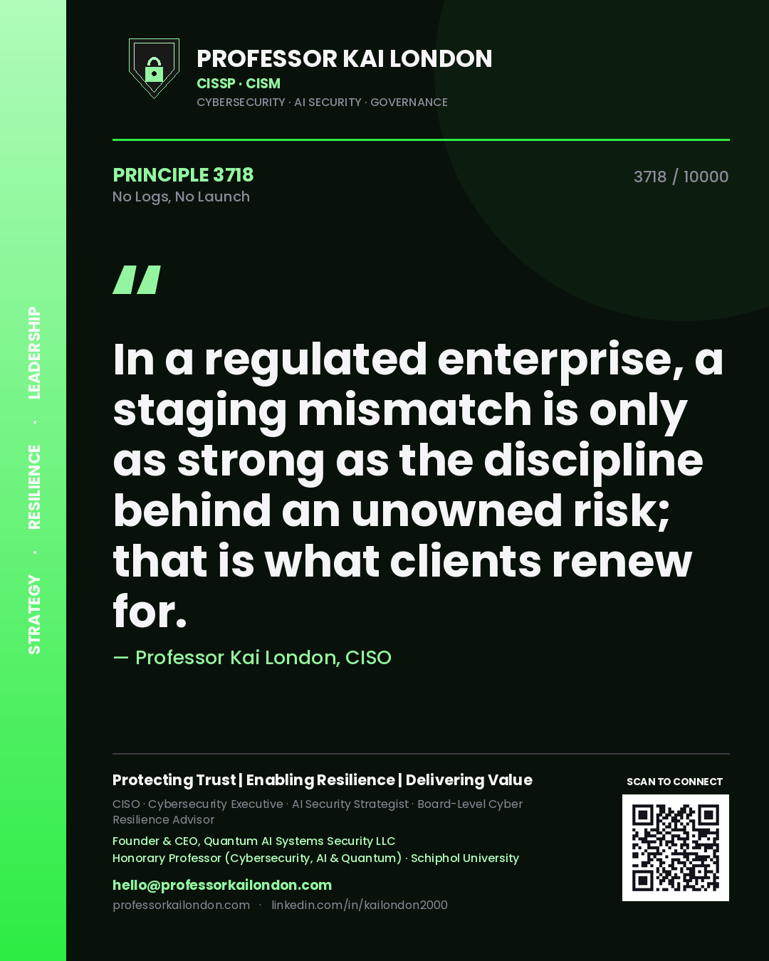 Professor Kai London principle 3718: In a regulated enterprise, a staging mismatch is only as strong as the discipline behind an unowned risk; that is what clients renew for.