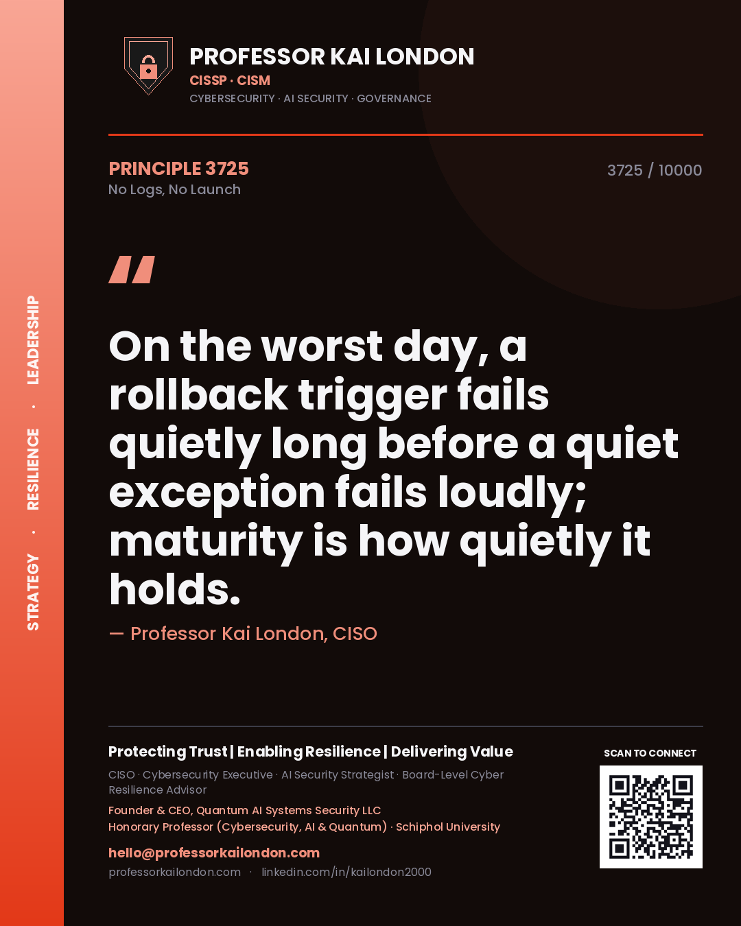 Professor Kai London principle 3725: On the worst day, a rollback trigger fails quietly long before a quiet exception fails loudly; maturity is how quietly it holds.