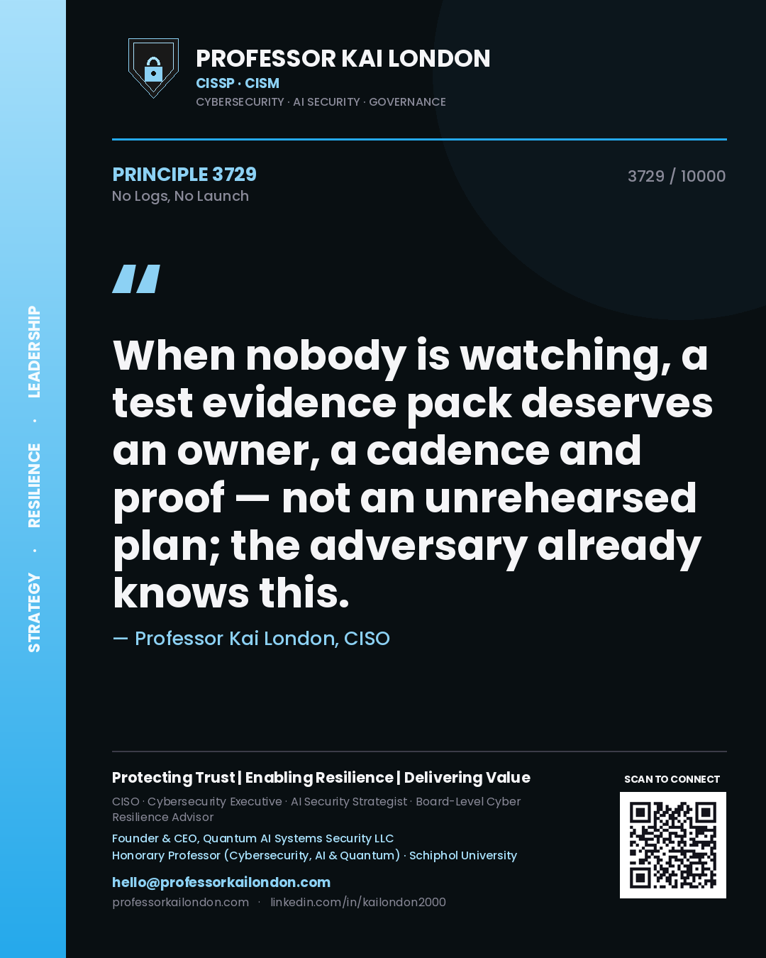 Professor Kai London principle 3729: When nobody is watching, a test evidence pack deserves an owner, a cadence and proof — not an unrehearsed plan; the adversary already knows this.