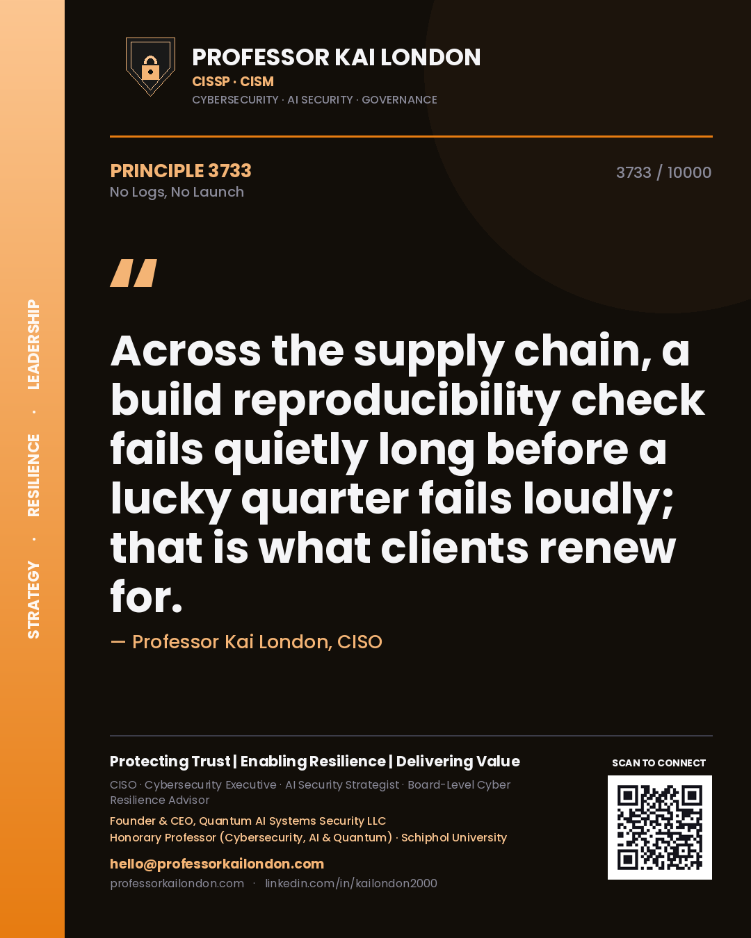 Professor Kai London principle 3733: Across the supply chain, a build reproducibility check fails quietly long before a lucky quarter fails loudly; that is what clients renew for.