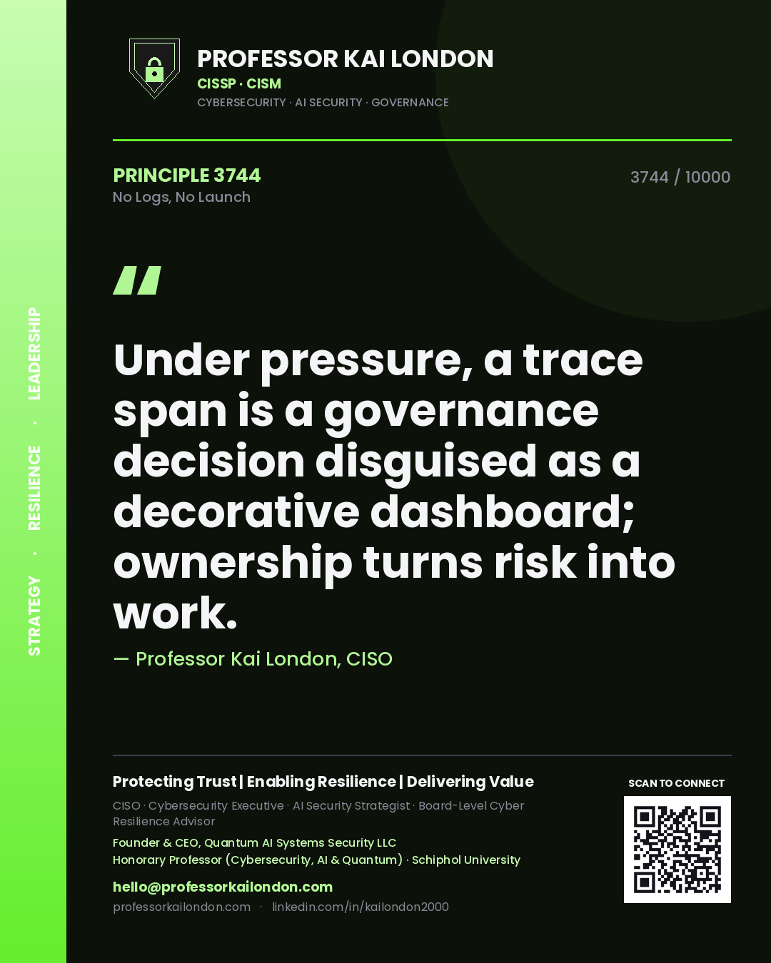 Quote card by Professor Kai London reading 'Under pressure, a trace span is a governance decision disguised as a decorative dashboard; ownership turns risk into work.'. From the book No Logs, No Launch.