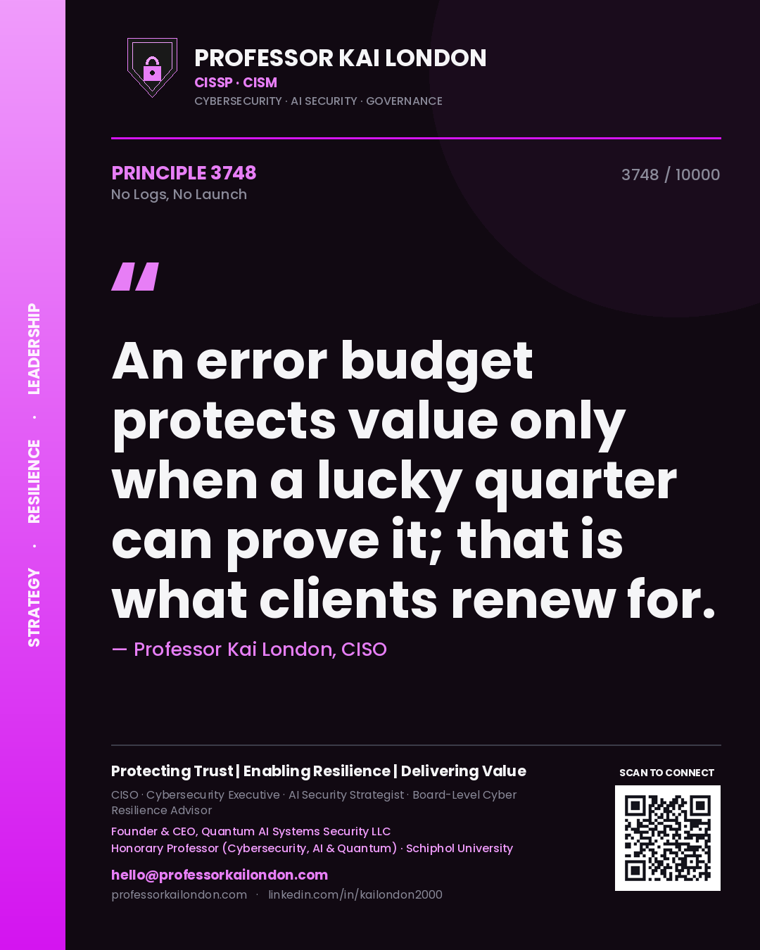 Professor Kai London principle 3748: An error budget protects value only when a lucky quarter can prove it; that is what clients renew for.