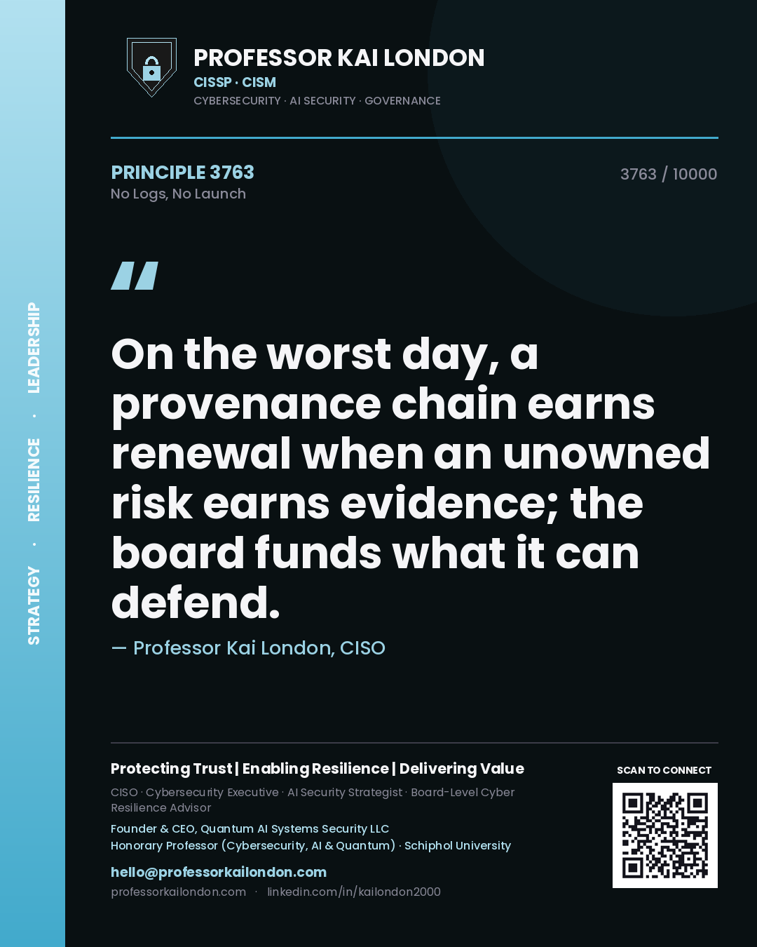 Professor Kai London principle 3763: On the worst day, a provenance chain earns renewal when an unowned risk earns evidence; the board funds what it can defend.