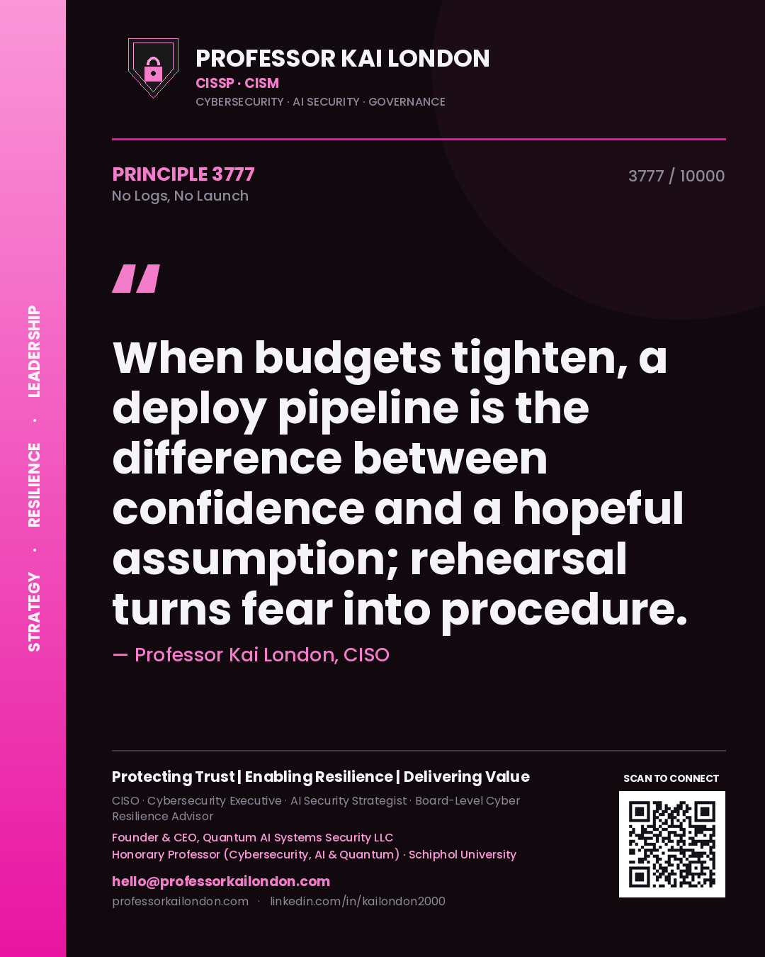 Professor Kai London principle 3777: When budgets tighten, a deploy pipeline is the difference between confidence and a hopeful assumption; rehearsal turns fear into procedure.