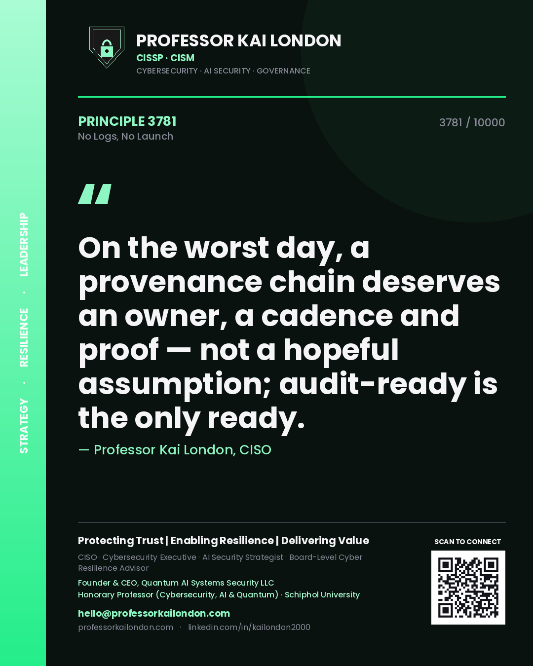 Quote card by Professor Kai London reading 'On the worst day, a provenance chain deserves an owner, a cadence and proof — not a hopeful assumption; audit-ready is the only ready.'. From the book No Logs, No Launch.