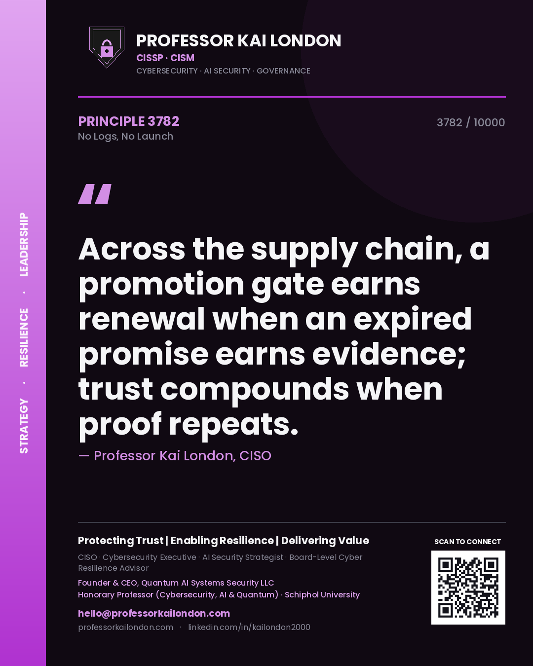 Quote card by Professor Kai London reading 'Across the supply chain, a promotion gate earns renewal when an expired promise earns evidence; trust compounds when proof repeats.'. From the book No Logs, No Launch.