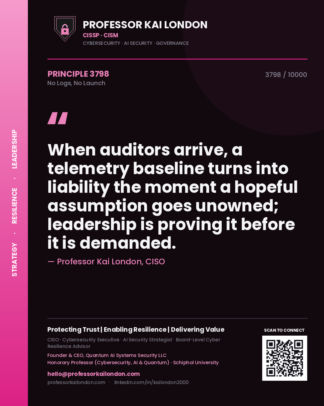 Professor Kai London principle 3798: When auditors arrive, a telemetry baseline turns into liability the moment a hopeful assumption goes unowned; leadership is proving it before it is demanded.