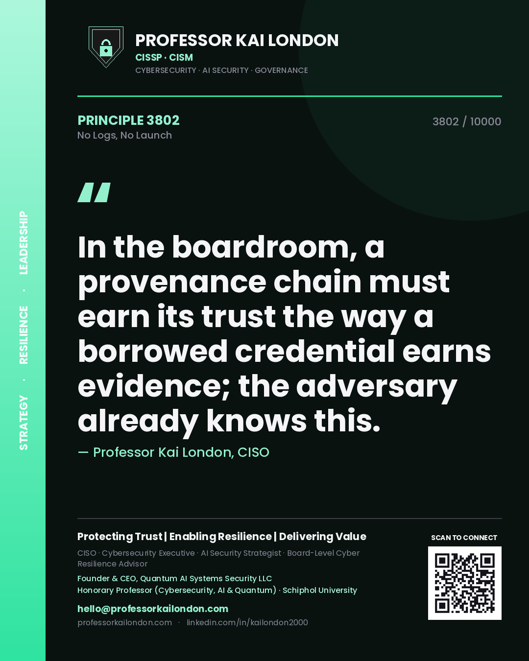 Professor Kai London principle 3802: In the boardroom, a provenance chain must earn its trust the way a borrowed credential earns evidence; the adversary already knows this.