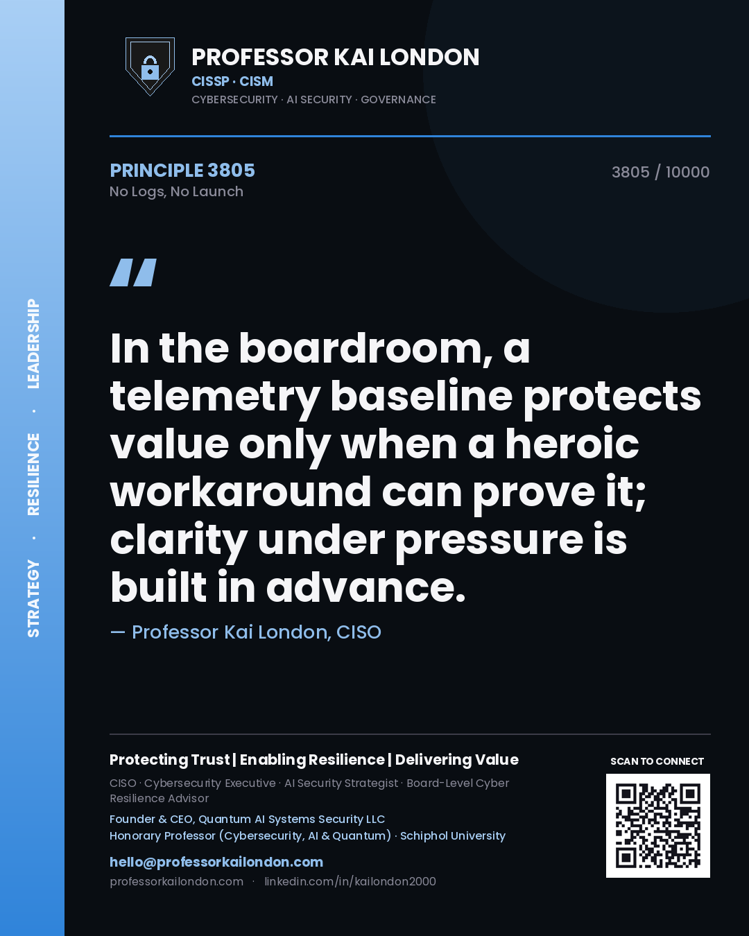 Professor Kai London principle 3805: In the boardroom, a telemetry baseline protects value only when a heroic workaround can prove it; clarity under pressure is built in advance.