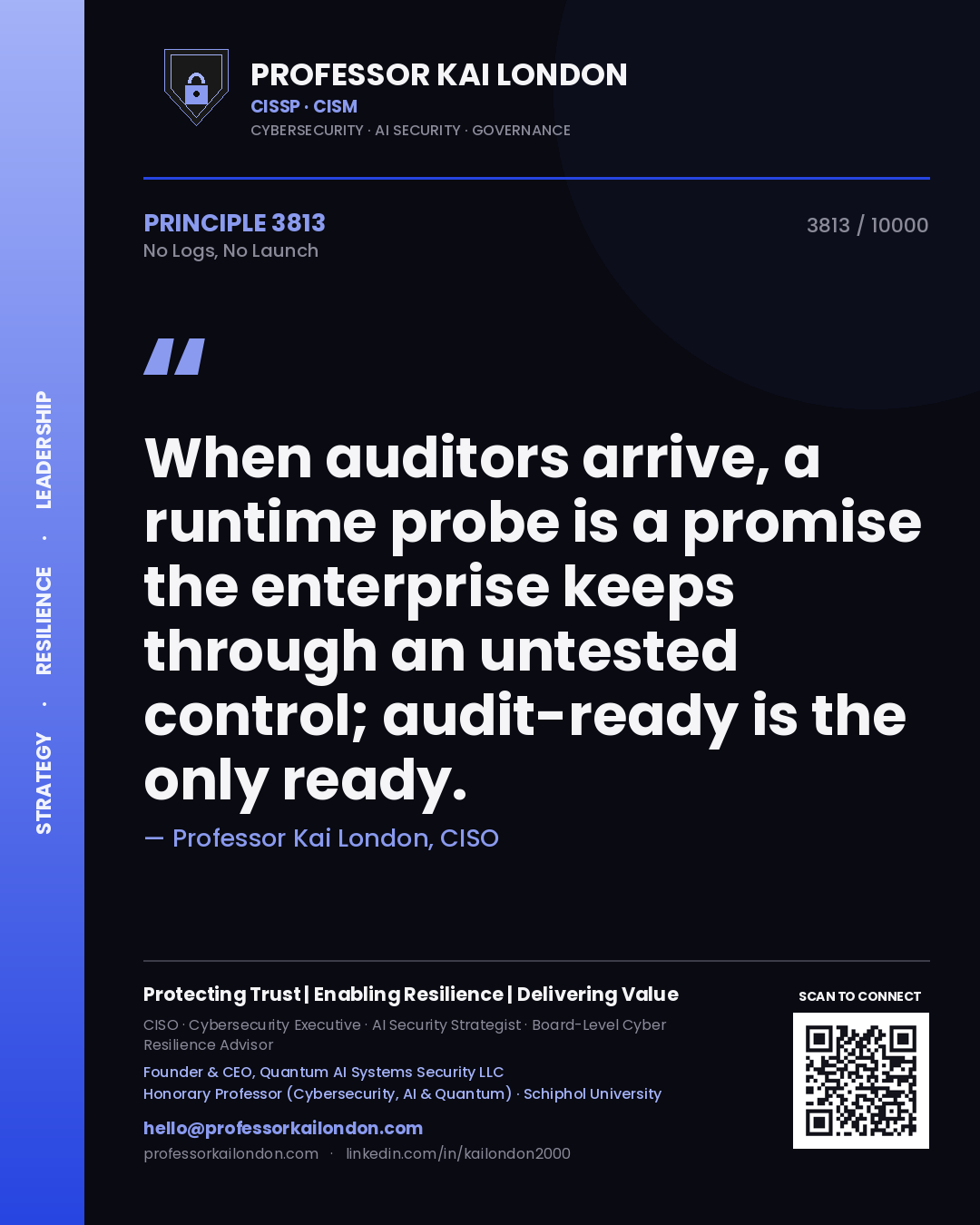 Quote card by Professor Kai London reading 'When auditors arrive, a runtime probe is a promise the enterprise keeps through an untested control; audit-ready is the only ready.'. From the book No Logs, No Launch.