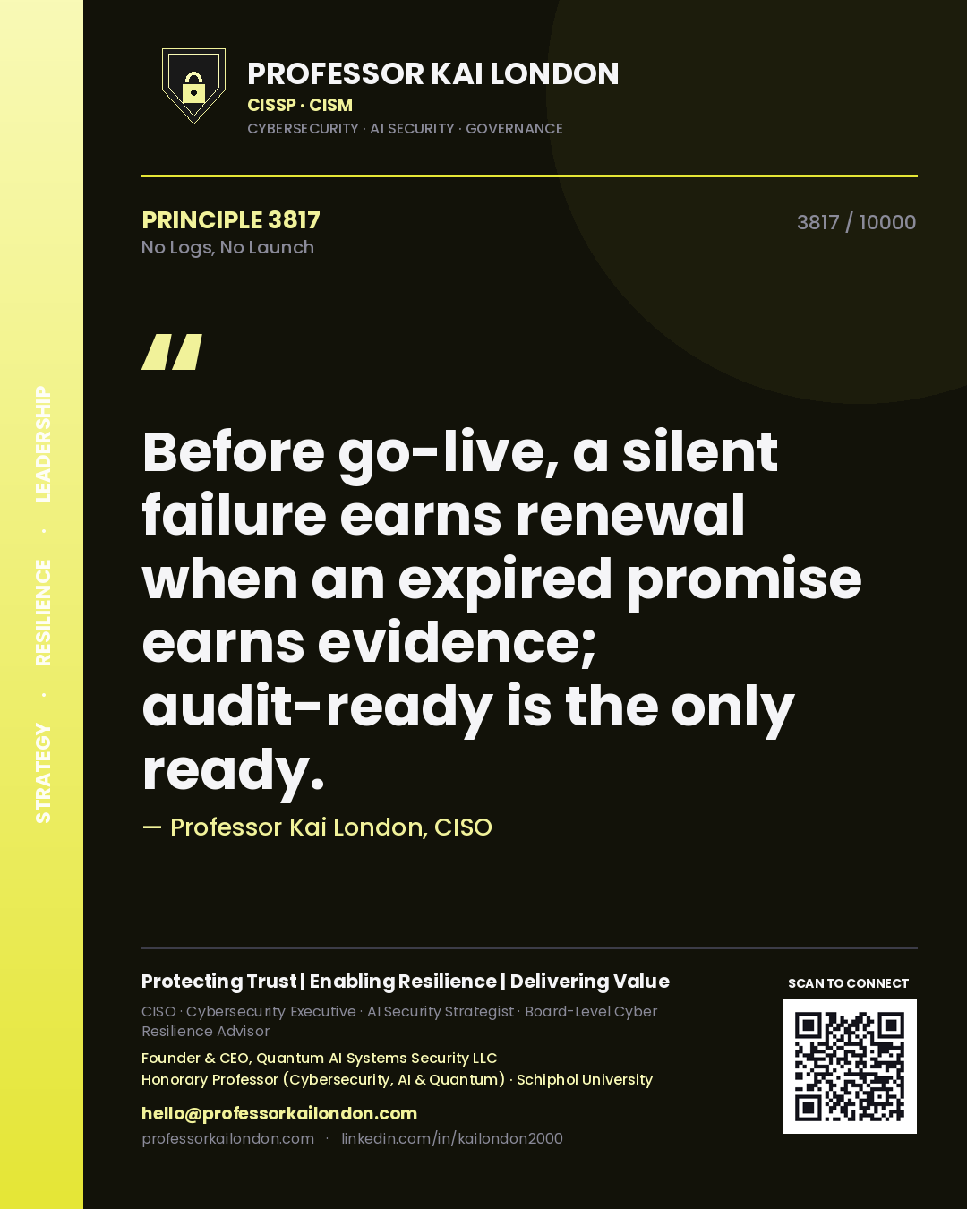 Professor Kai London principle 3817: Before go-live, a silent failure earns renewal when an expired promise earns evidence; audit-ready is the only ready.