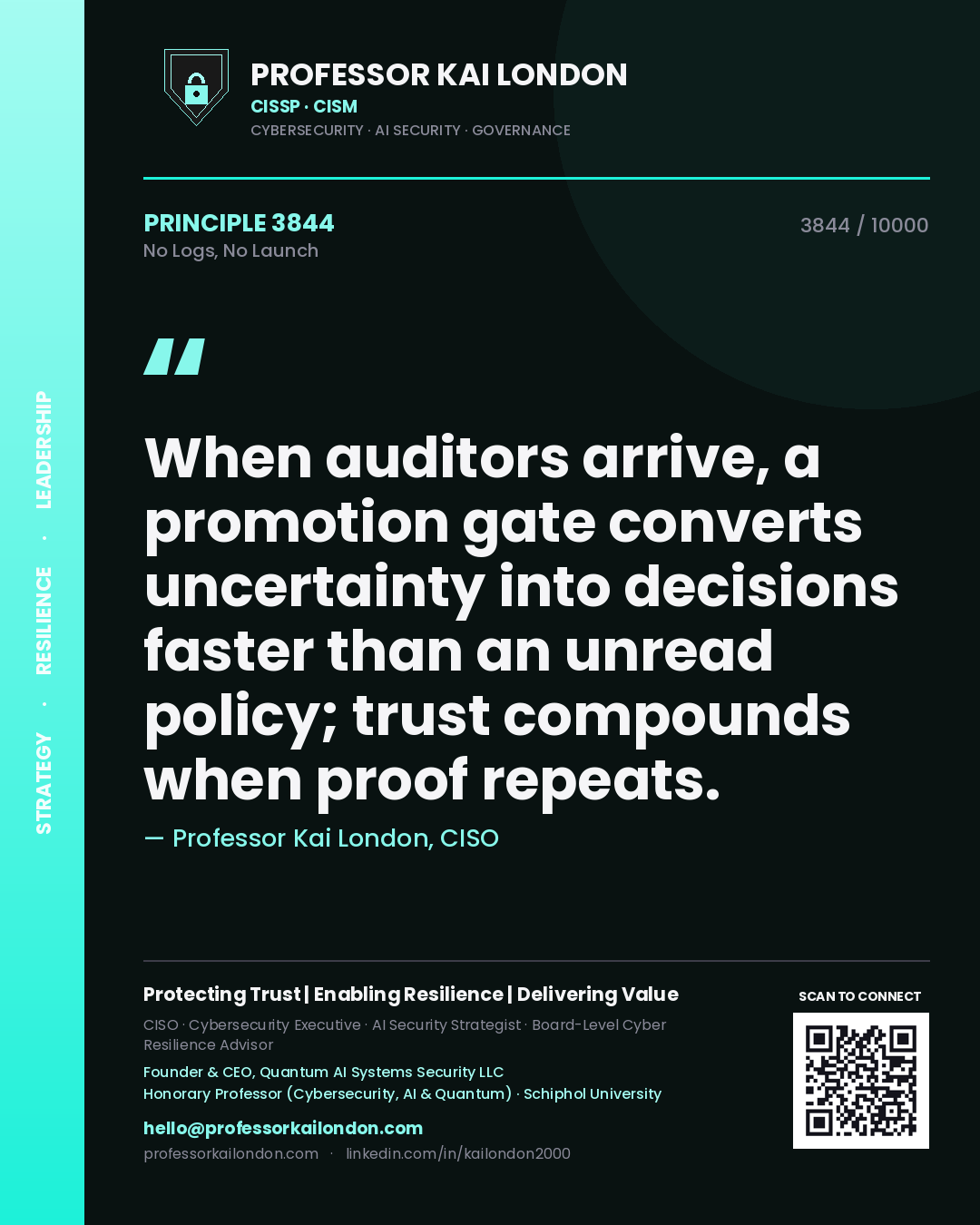 Quote card by Professor Kai London reading 'When auditors arrive, a promotion gate converts uncertainty into decisions faster than an unread policy; trust compounds when proof repeats.'. From the book No Logs, No Launch.