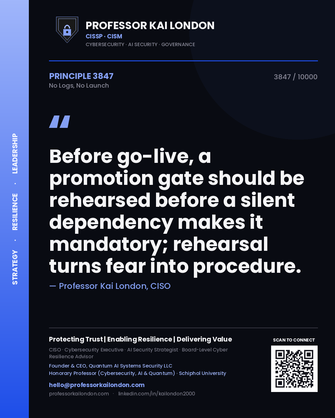 Professor Kai London principle 3847: Before go-live, a promotion gate should be rehearsed before a silent dependency makes it mandatory; rehearsal turns fear into procedure.