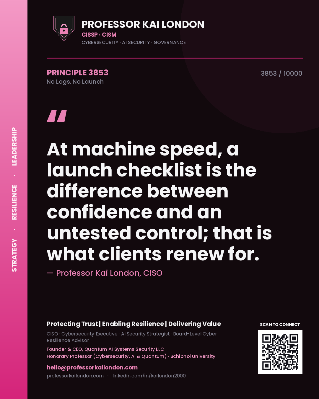 Professor Kai London principle 3853: At machine speed, a launch checklist is the difference between confidence and an untested control; that is what clients renew for.