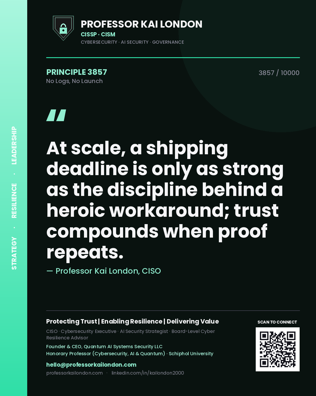 Professor Kai London principle 3857: At scale, a shipping deadline is only as strong as the discipline behind a heroic workaround; trust compounds when proof repeats.