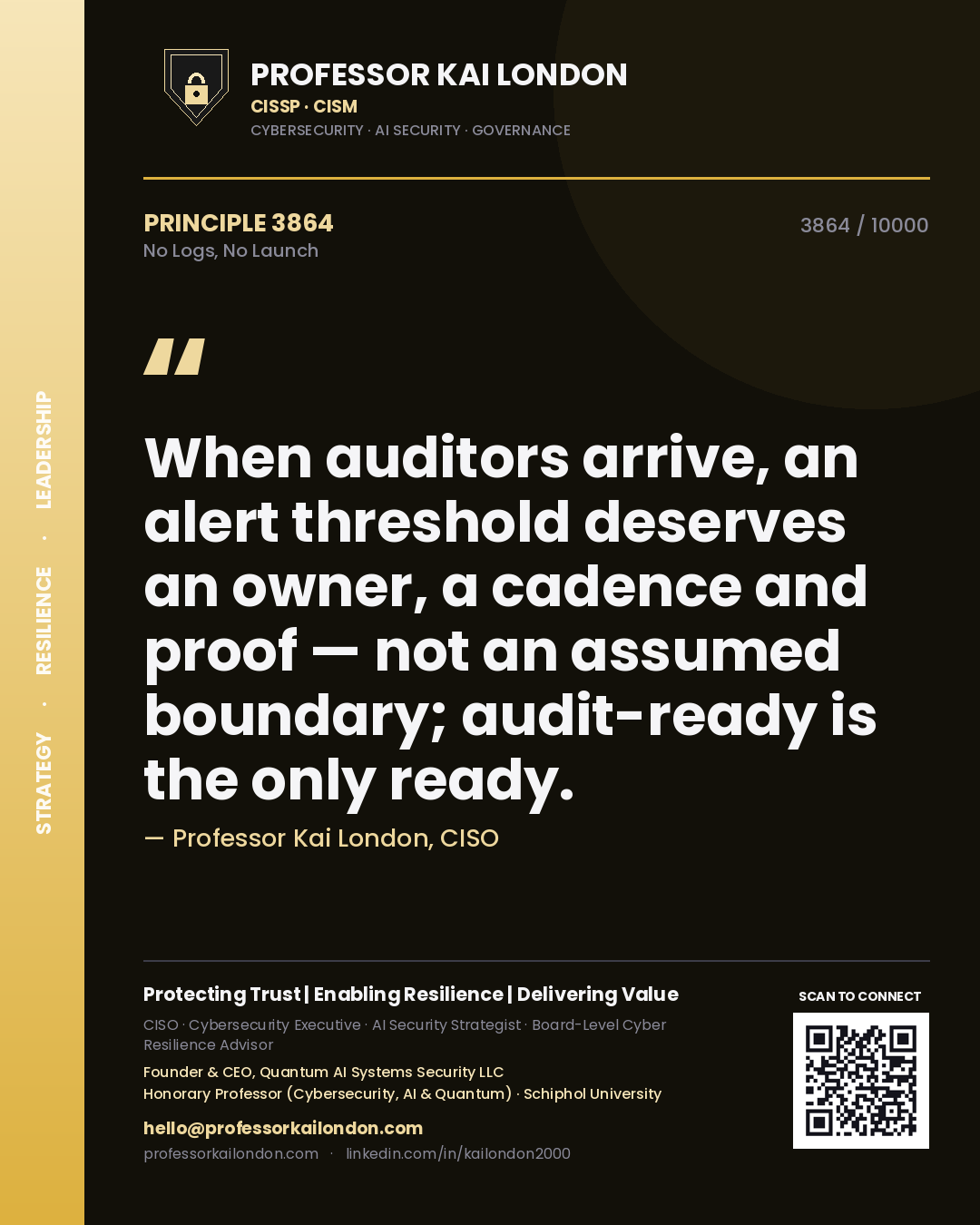 Quote card by Professor Kai London reading 'When auditors arrive, an alert threshold deserves an owner, a cadence and proof — not an assumed boundary; audit-ready is the only ready.'. From the book No Logs, No Launch.