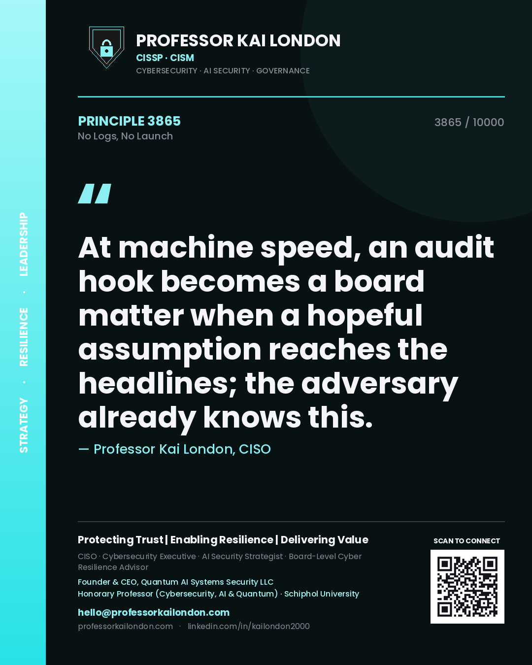 Professor Kai London principle 3865: At machine speed, an audit hook becomes a board matter when a hopeful assumption reaches the headlines; the adversary already knows this.