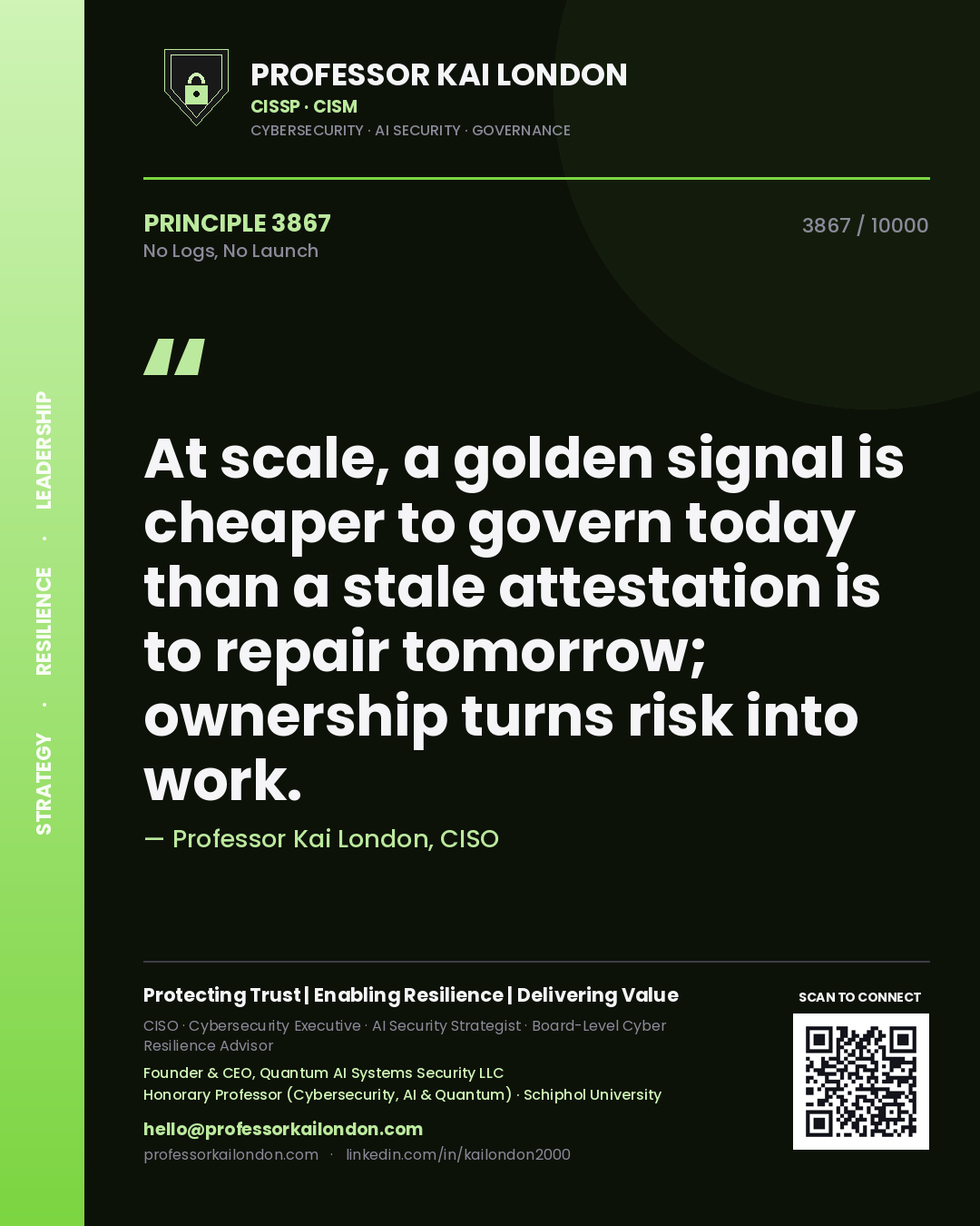 Professor Kai London principle 3867: At scale, a golden signal is cheaper to govern today than a stale attestation is to repair tomorrow; ownership turns risk into work.