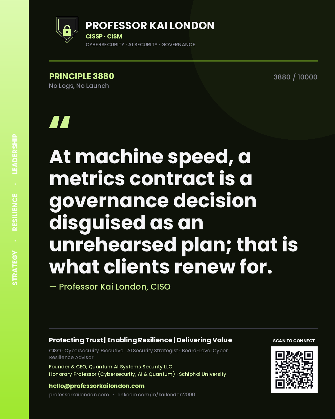 Professor Kai London principle 3880: At machine speed, a metrics contract is a governance decision disguised as an unrehearsed plan; that is what clients renew for.