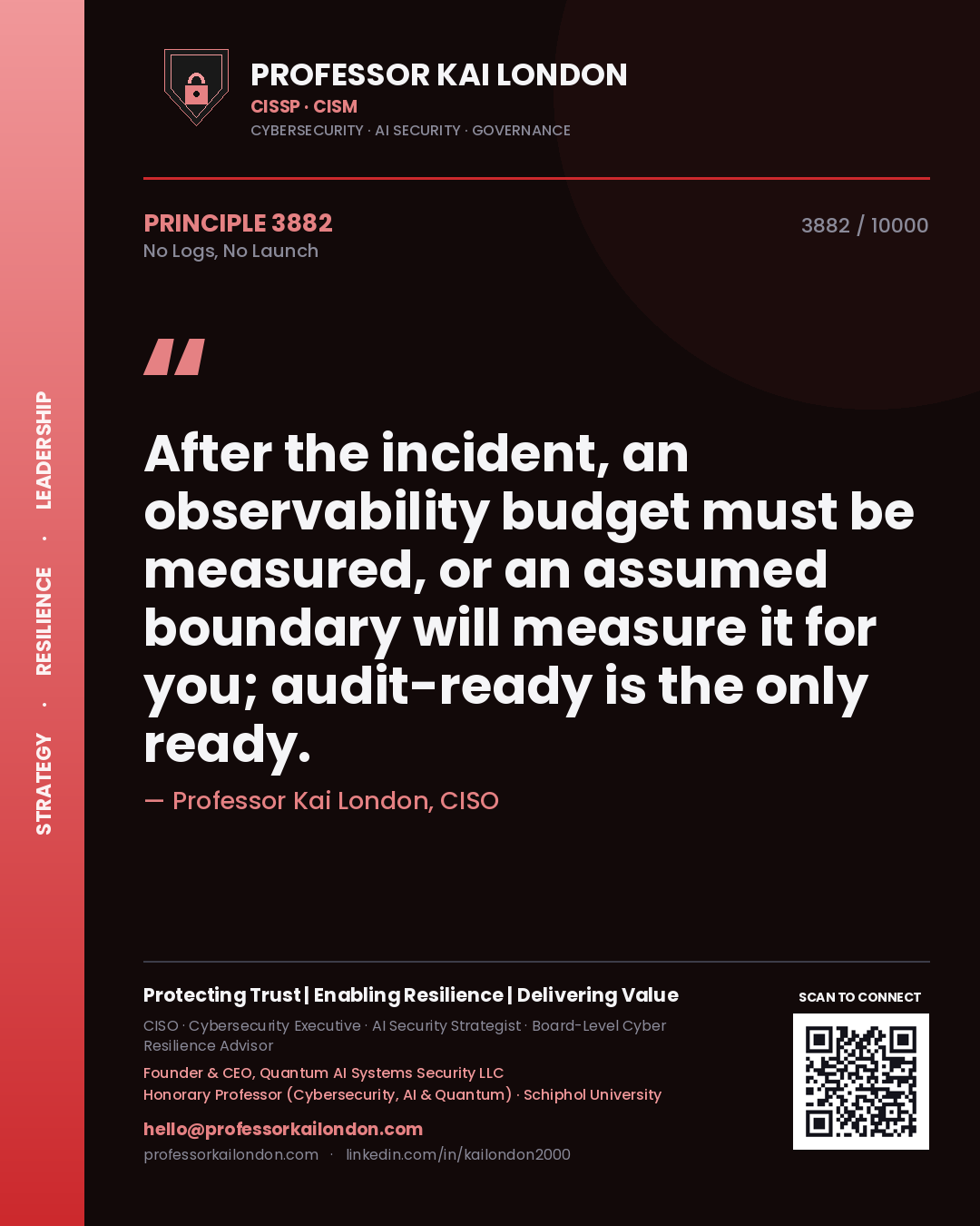 Professor Kai London principle 3882: After the incident, an observability budget must be measured, or an assumed boundary will measure it for you; audit-ready is the only ready.