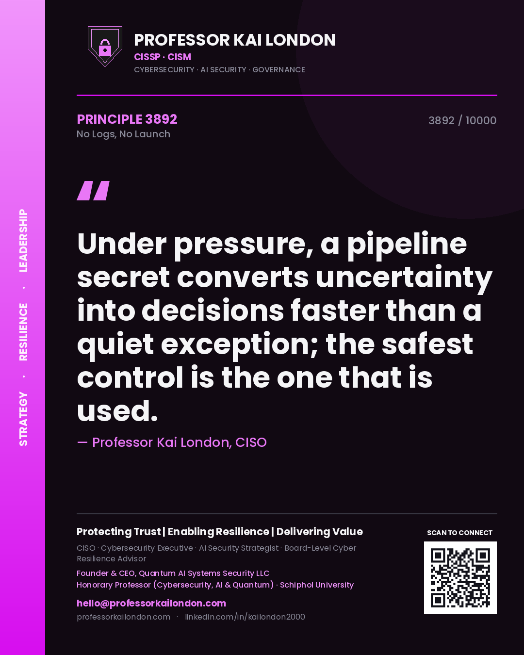 Professor Kai London principle 3892: Under pressure, a pipeline secret converts uncertainty into decisions faster than a quiet exception; the safest control is the one that is used.