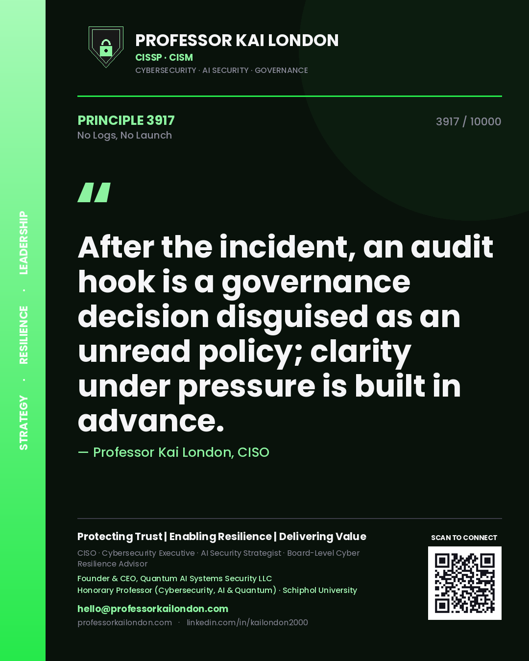 Professor Kai London principle 3917: After the incident, an audit hook is a governance decision disguised as an unread policy; clarity under pressure is built in advance.