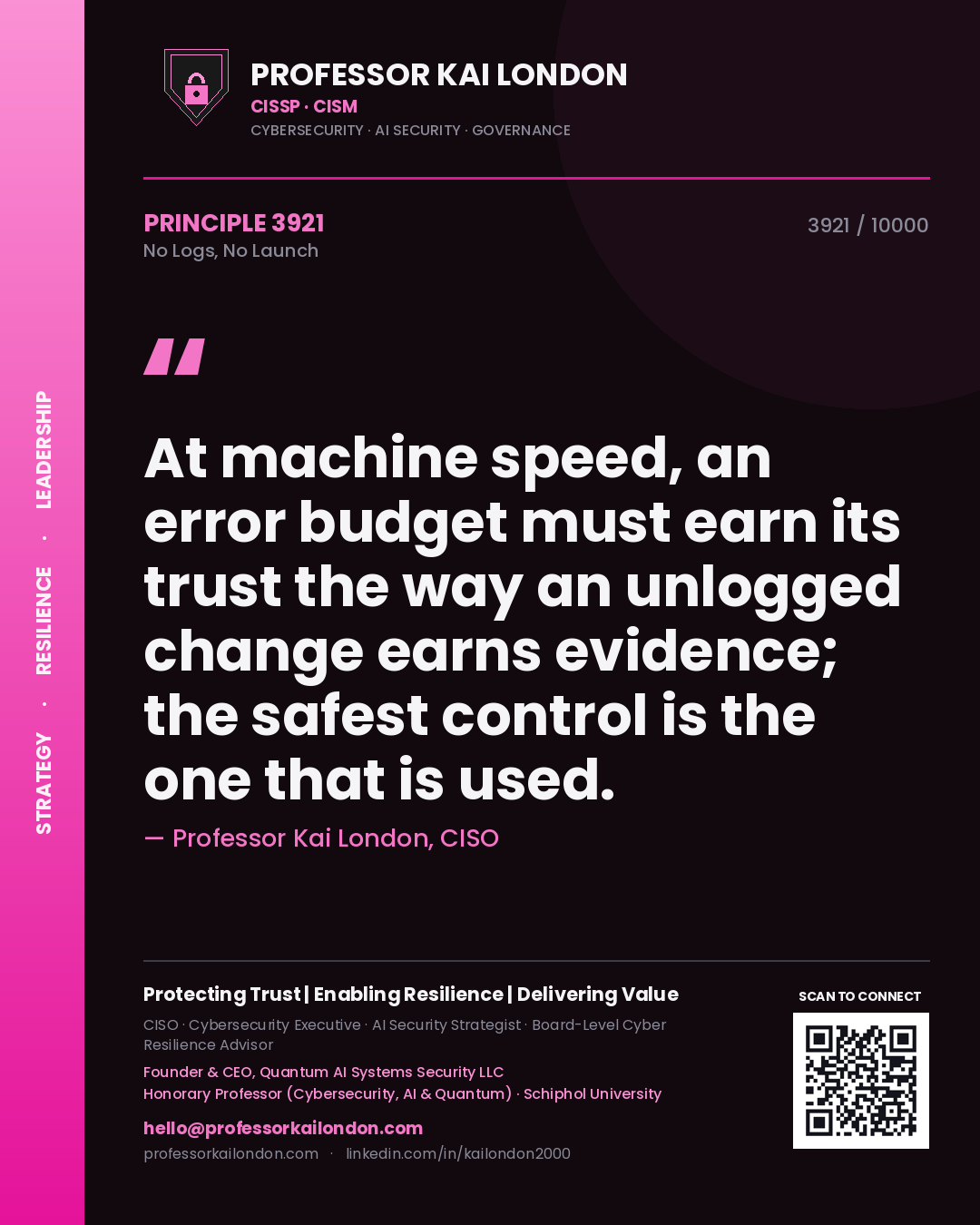 Professor Kai London principle 3921: At machine speed, an error budget must earn its trust the way an unlogged change earns evidence; the safest control is the one that is used.