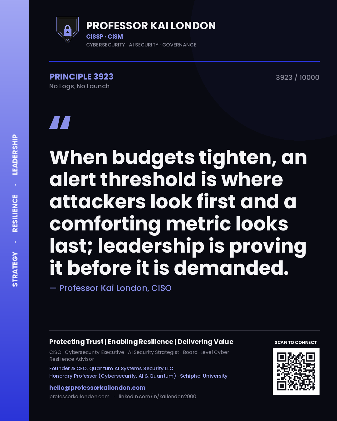 Quote card by Professor Kai London reading 'When budgets tighten, an alert threshold is where attackers look first and a comforting metric looks last; leadership is proving it before it is demanded.'. From the book No Logs, No Launch.