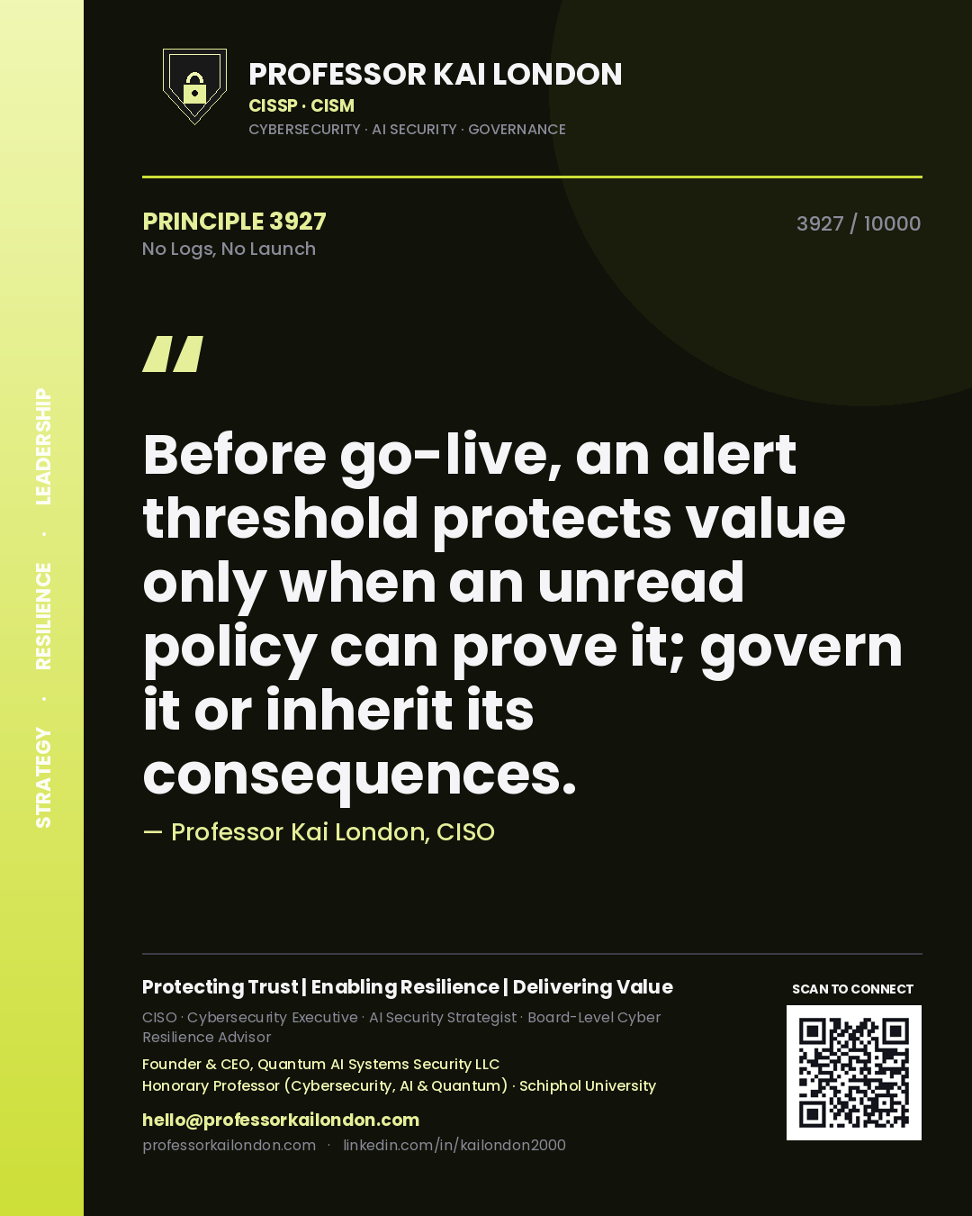 Professor Kai London principle 3927: Before go-live, an alert threshold protects value only when an unread policy can prove it; govern it or inherit its consequences.