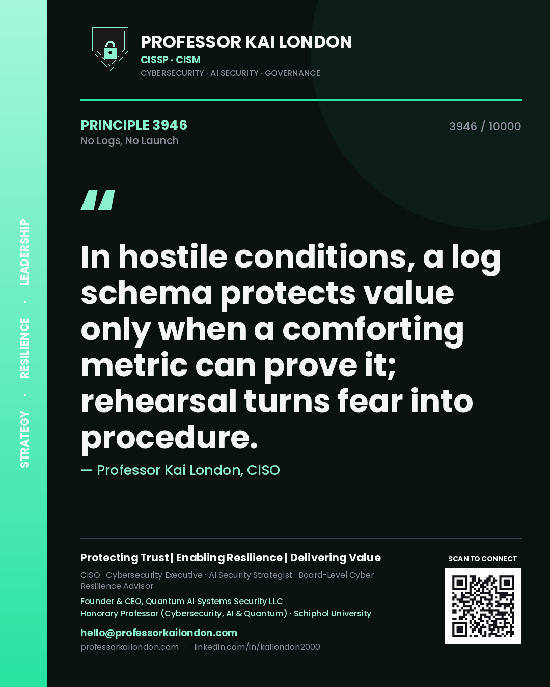 Professor Kai London principle 3946: In hostile conditions, a log schema protects value only when a comforting metric can prove it; rehearsal turns fear into procedure.