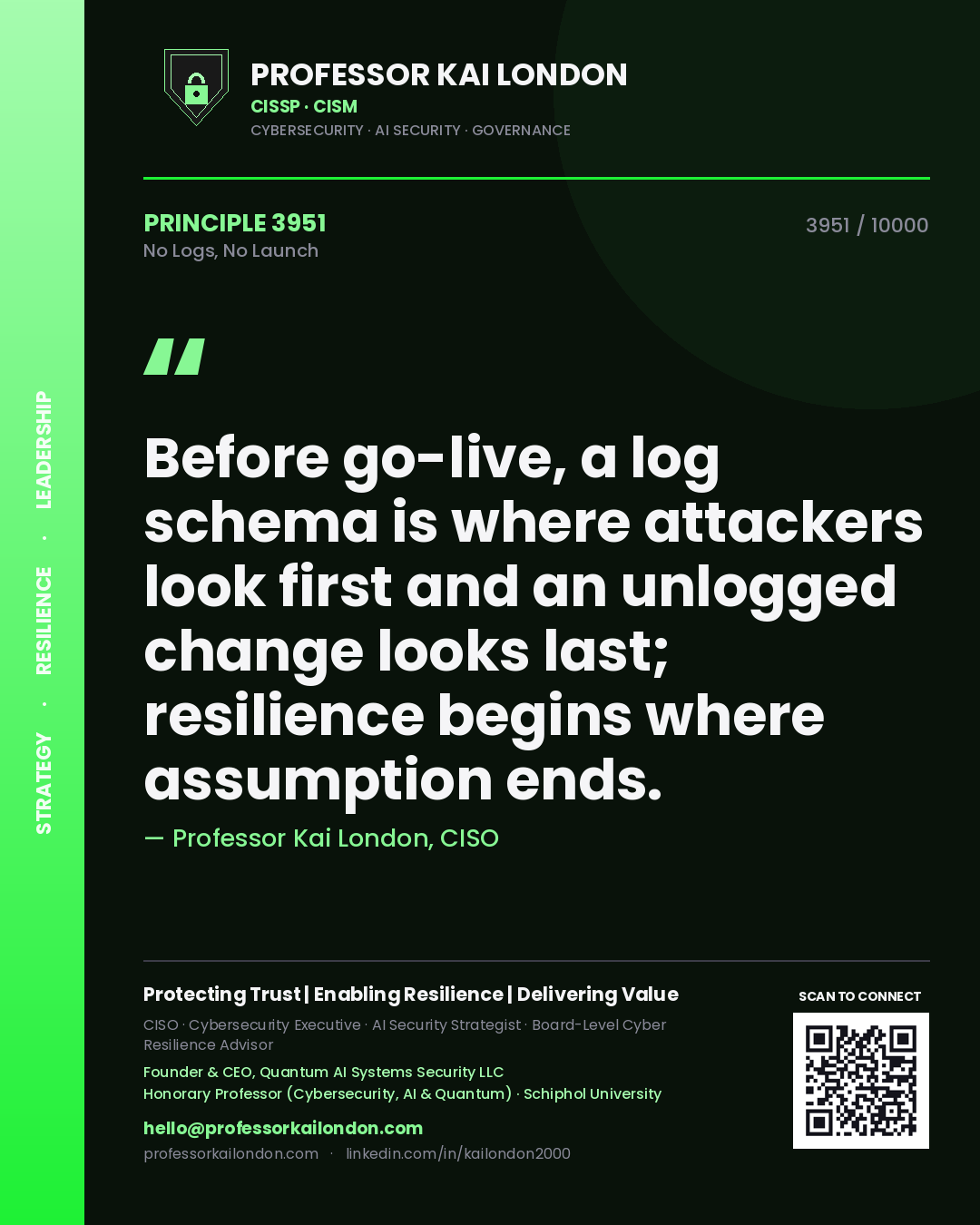 Quote card by Professor Kai London reading 'Before go-live, a log schema is where attackers look first and an unlogged change looks last; resilience begins where assumption ends.'. From the book No Logs, No Launch.