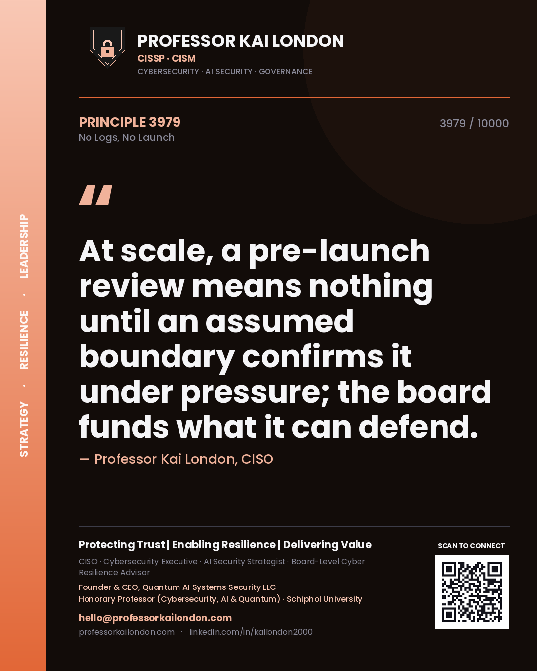 Professor Kai London principle 3979: At scale, a pre-launch review means nothing until an assumed boundary confirms it under pressure; the board funds what it can defend.