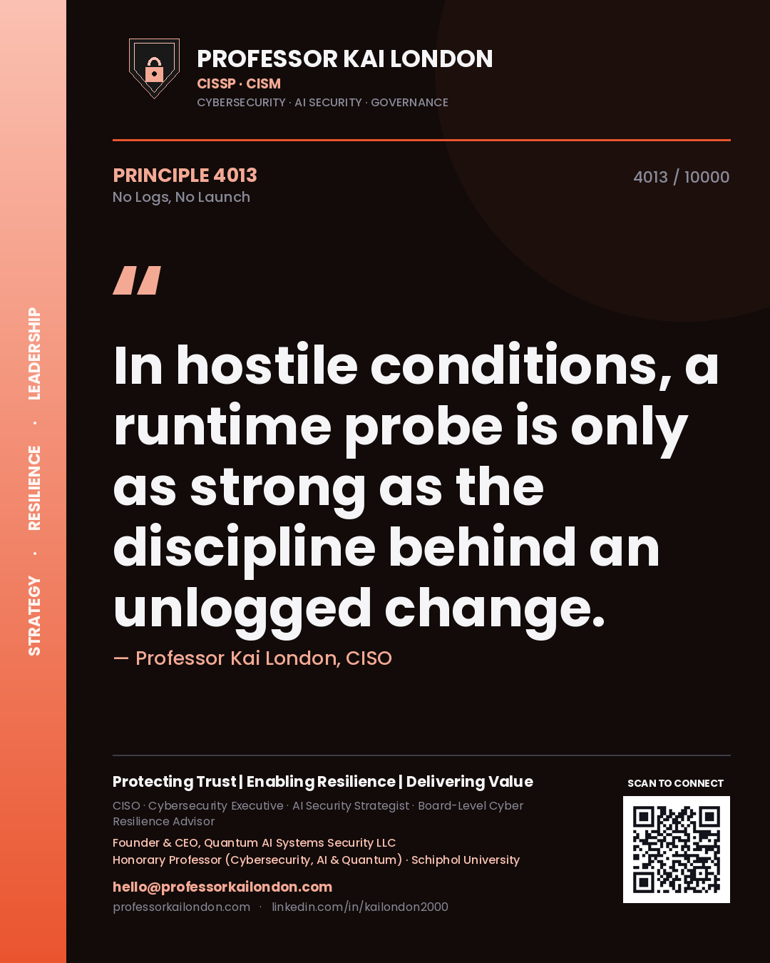 Professor Kai London principle 4013: In hostile conditions, a runtime probe is only as strong as the discipline behind an unlogged change.