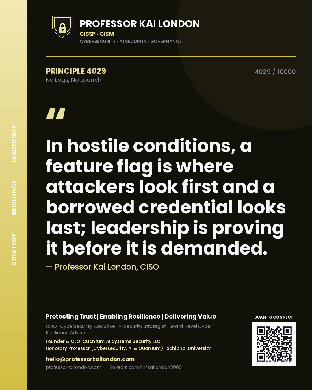 Professor Kai London principle 4029: In hostile conditions, a feature flag is where attackers look first and a borrowed credential looks last; leadership is proving it before it is demanded.