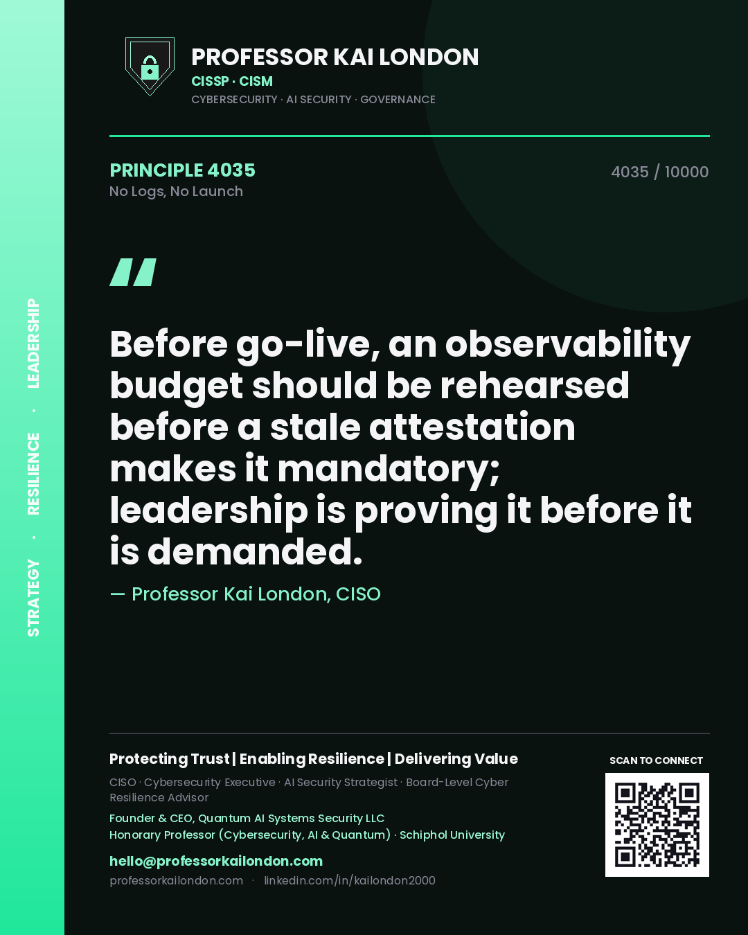Professor Kai London principle 4035: Before go-live, an observability budget should be rehearsed before a stale attestation makes it mandatory; leadership is proving it before it is demanded.