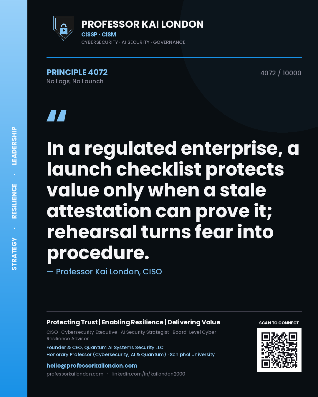 Professor Kai London principle 4072: In a regulated enterprise, a launch checklist protects value only when a stale attestation can prove it; rehearsal turns fear into procedure.