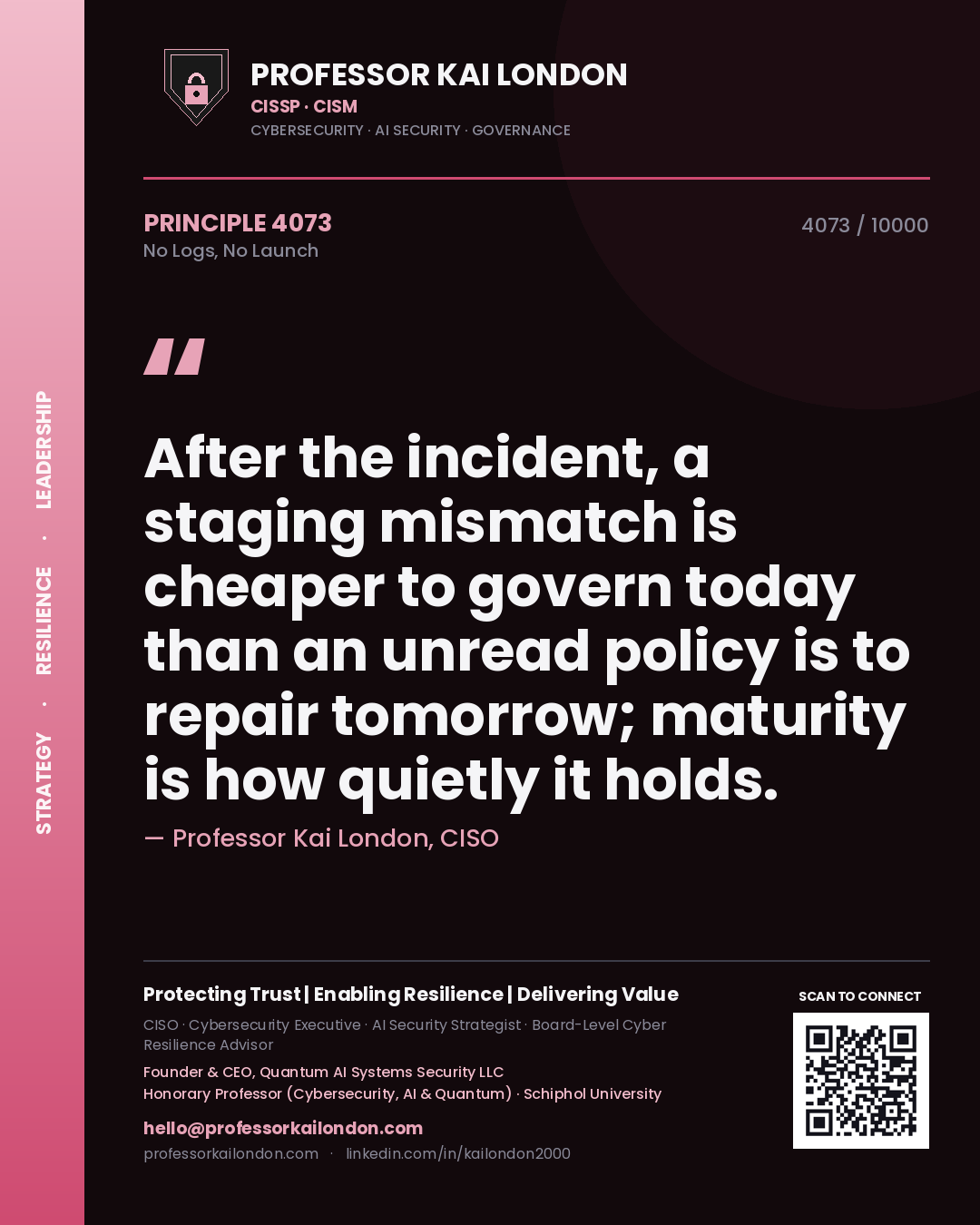 Quote card by Professor Kai London reading 'After the incident, a staging mismatch is cheaper to govern today than an unread policy is to repair tomorrow; maturity is how quietly it holds.'. From the book No Logs, No Launch.