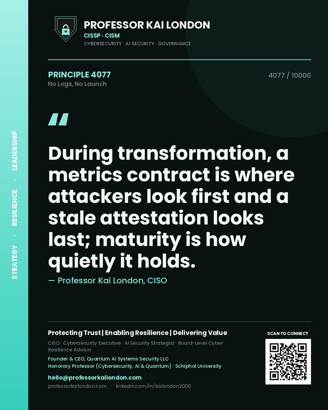 Professor Kai London principle 4077: During transformation, a metrics contract is where attackers look first and a stale attestation looks last; maturity is how quietly it holds.