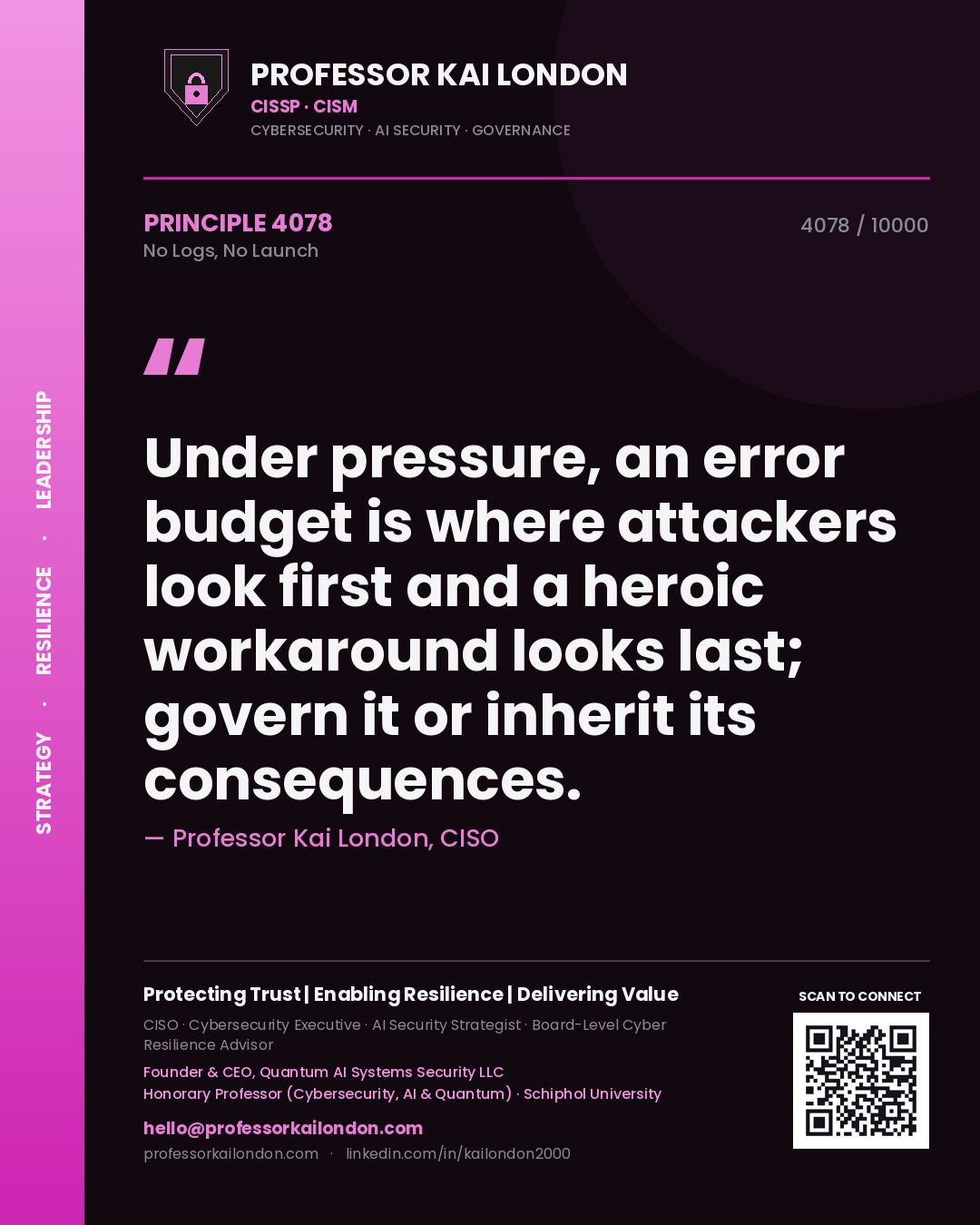 Professor Kai London principle 4078: Under pressure, an error budget is where attackers look first and a heroic workaround looks last; govern it or inherit its consequences.
