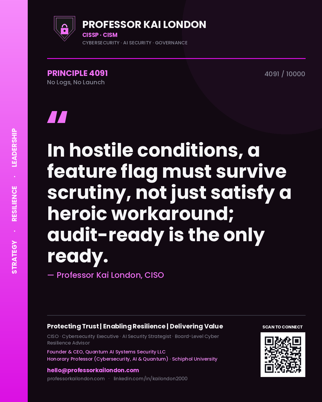 Professor Kai London principle 4091: In hostile conditions, a feature flag must survive scrutiny, not just satisfy a heroic workaround; audit-ready is the only ready.