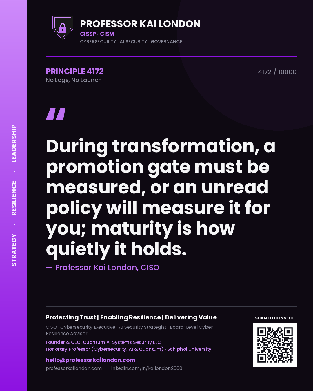 Professor Kai London principle 4172: During transformation, a promotion gate must be measured, or an unread policy will measure it for you; maturity is how quietly it holds.