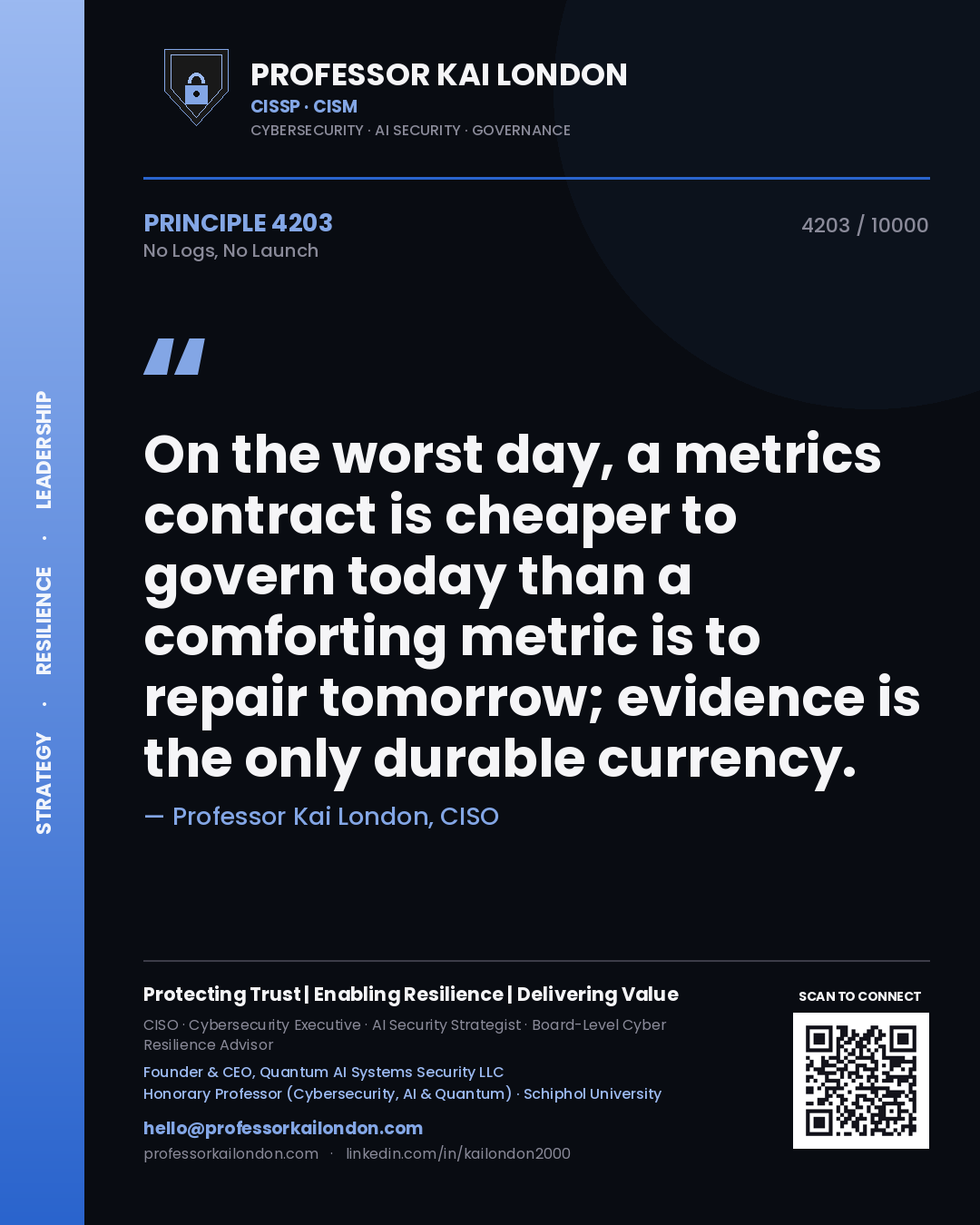 Professor Kai London principle 4203: On the worst day, a metrics contract is cheaper to govern today than a comforting metric is to repair tomorrow; evidence is the only durable currency.
