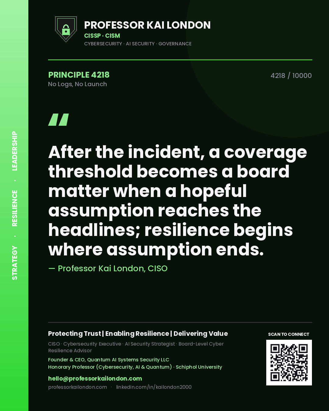 Quote card by Professor Kai London reading 'After the incident, a coverage threshold becomes a board matter when a hopeful assumption reaches the headlines; resilience begins where assumption ends.'. From the book No Logs, No Launch.