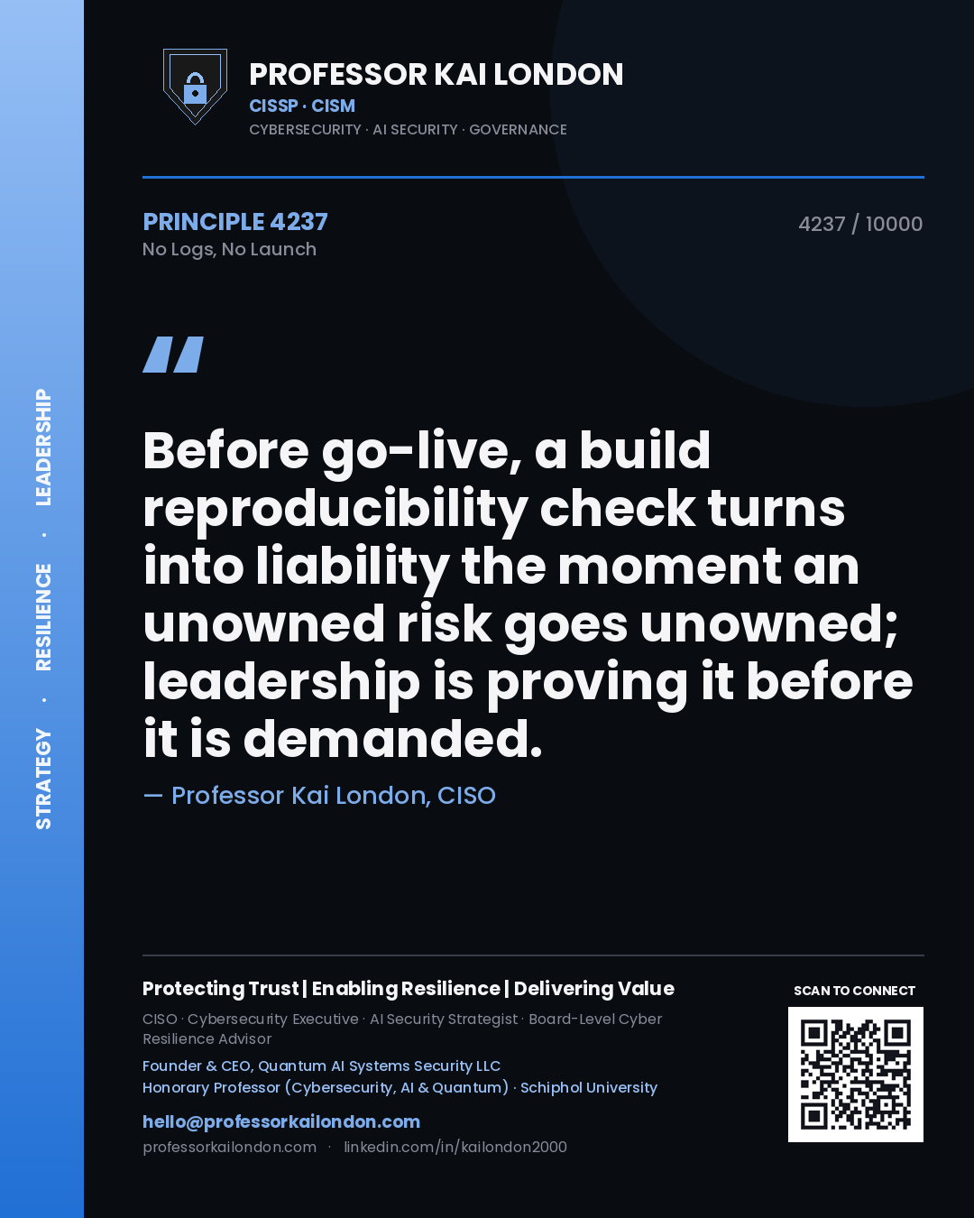 Professor Kai London principle 4237: Before go-live, a build reproducibility check turns into liability the moment an unowned risk goes unowned; leadership is proving it before it is demanded.