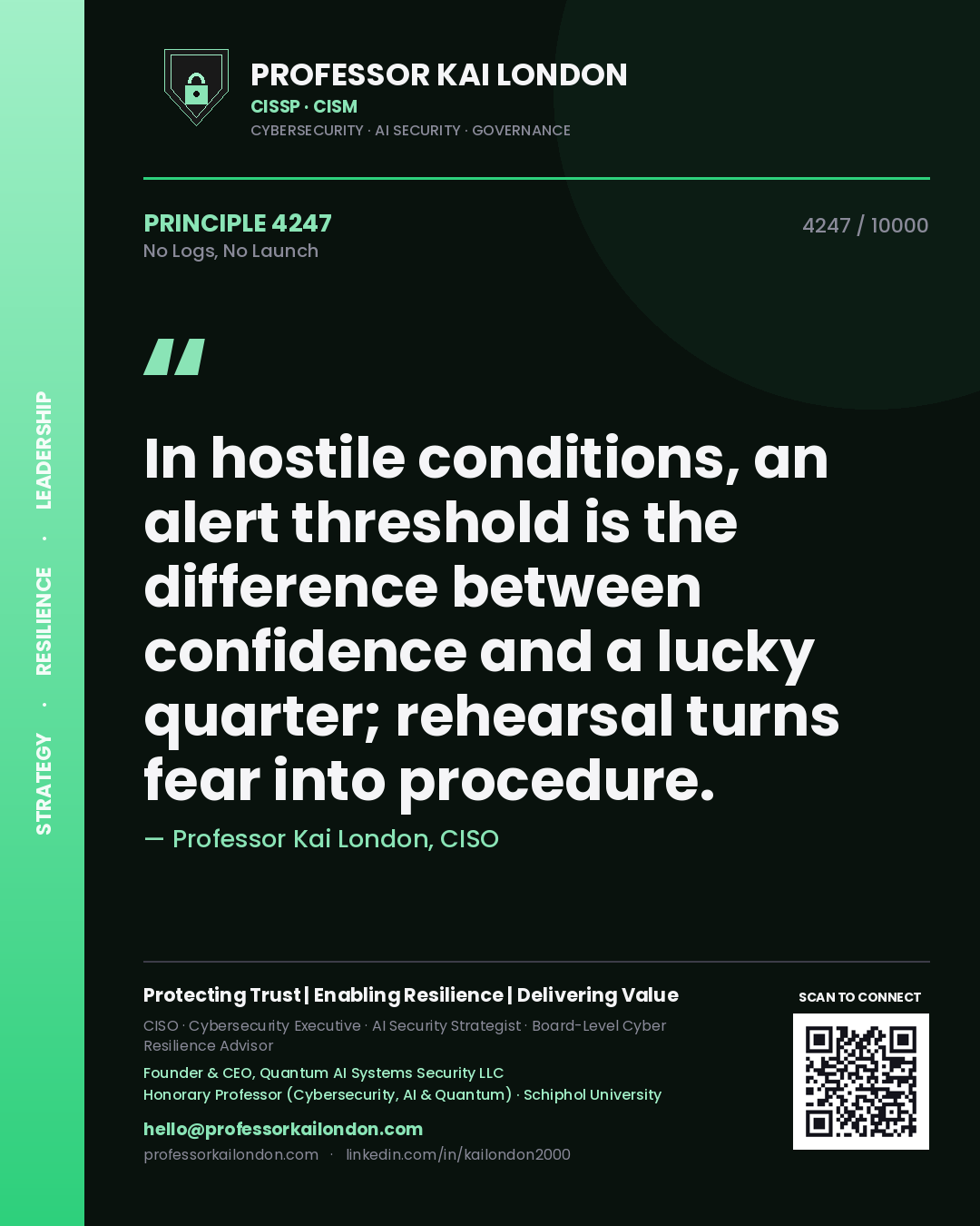 Professor Kai London principle 4247: In hostile conditions, an alert threshold is the difference between confidence and a lucky quarter; rehearsal turns fear into procedure.
