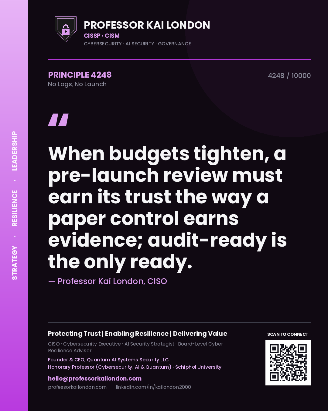 Professor Kai London principle 4248: When budgets tighten, a pre-launch review must earn its trust the way a paper control earns evidence; audit-ready is the only ready.